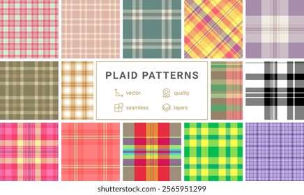 Collection of 12 vibrant plaid patterns.  Seamless vector designs in various colors  styles, perfect for textile prints, web design, or fashion projects. High-quality, layered files for easy editing.