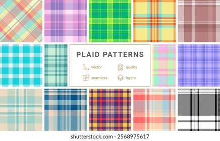 Collection of 12 vibrant plaid patterns.  Seamless vector designs in various colors  styles, perfect for textile prints, web design, or fashion projects.  High-quality, layered files for easy editing.