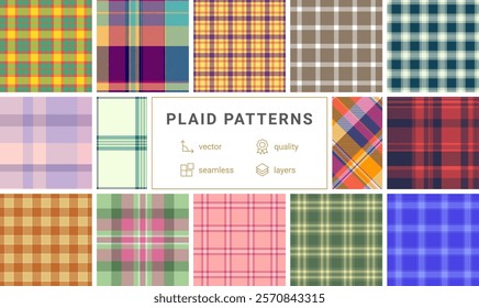 Collection of 12 vibrant plaid patterns.  Seamless vector designs in various colors  styles, perfect for textile prints, web design, or crafting projects. High-quality layered files for easy editing.