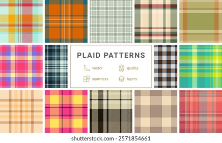 Collection of 12 vibrant plaid patterns.  Seamless vector designs in various colors  styles, perfect for textile prints, web design, and fashion projects. Highquality layered files for easy editing.
