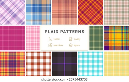 Collection of 12 vibrant plaid patterns. Seamless vector designs in various colors  styles, perfect for textile prints, fashion, web design, and more.