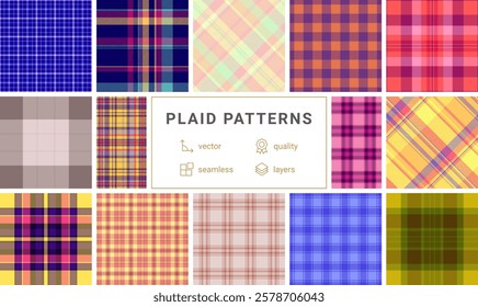 Collection of 12 vibrant plaid patterns.  Highquality vector seamless textures in various colors and styles, perfect for textile design, web backgrounds, and fashion projects.