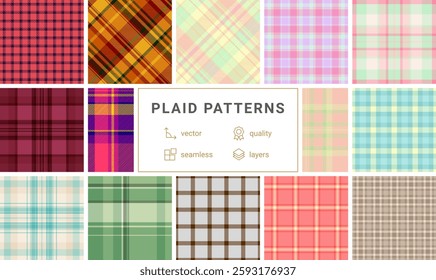 Collection of 12 vibrant plaid patterns.  Perfect for textile design, web backgrounds, or crafting projects.  Highquality vector graphics offer seamless tiling and layered design.
