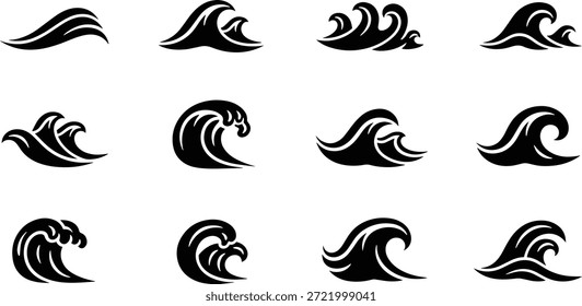 Uma coleção de 12 projetos de vetor de silhueta de ondas, perfeito para temas costeiros e oceânicos, disponível como um pacote para uso de microstock.