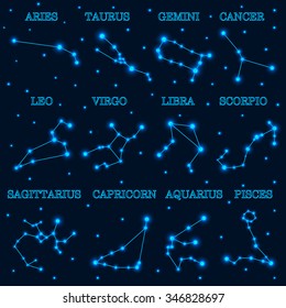 Collection of 12 zodiac constellations on space and stars background. Vector illustration. 