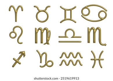 Collection of 12 zodiac signs in 3D style in gold color on a white background. Astrological zodiac signs