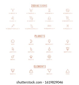 Collection of 12 zodiac signs, planets and elements signs.
