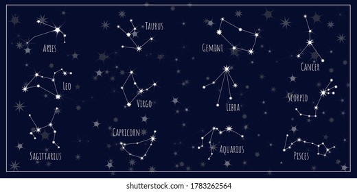 Collection of 12 zodiac signs in the starry sky. Sky map and astrological constellations. Horoscope. Stock vector illustration.