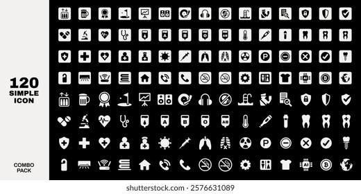 A collection of 120 simple icons in black and white. Icons include medical, communication, and security symbols. Simple icons for versatile use. User interface icon vector set.