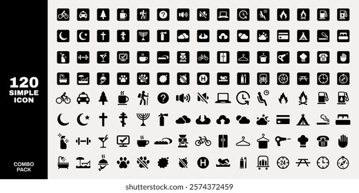 A collection of 120 simple icons featuring symbols like bicycles, trees, and clocks. These icons include various activities and objects, ideal for diverse applications. User interface icon vector set.