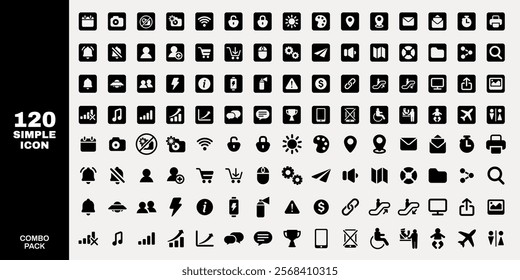 A collection of 120 simple icons. Icons include various symbols like music, camera, and email. Simple icon design for diverse applications and uses. User interface icon vector set.