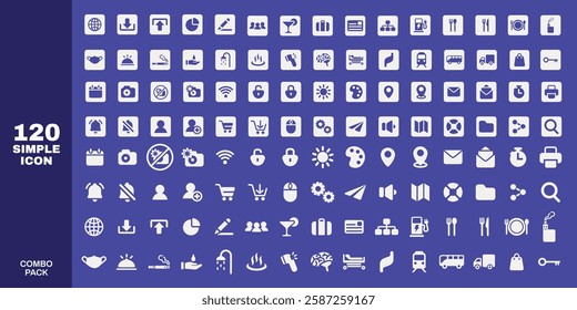 A collection of 120 simple icons in white on a purple background. Icons include shopping, travel, communication, and more. Simple icons for diverse uses. User interface icon vector set.