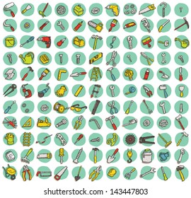 Collection of 121 tools doodled icons (vignette) with shadows, on background, in colours. Individual illustrations are isolated and in eps10 vector mode.