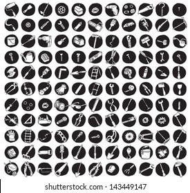 Collection of 121 tools doodled icons (vignette) on black background, in black-and-white. Individual illustrations are isolated and in eps8 vector mode.