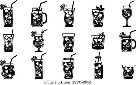 A collection of 13 black and white of various cocktail glasses, including wine glasses, mason jars, and bottles, filled with fruit, ice cubes, and straws, on a white background.