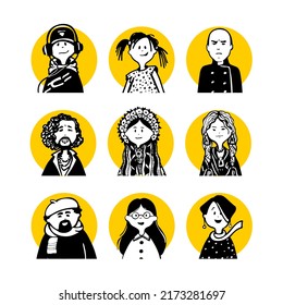 Collection of 13 comic faces and characters of people in style of doodles for avatars in the yellow circle and black and white icons and sets of icons and portraits of social networks for articles