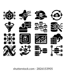 A collection of 13 flat vector icons representing data management, technology, and digital infrastructure, including blockchain, servers, databases, and analytics.