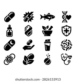 A collection of 13 flat vector icons representing medical, wellness, and pharmaceutical themes including pills, DNA, fish, and virus particles.