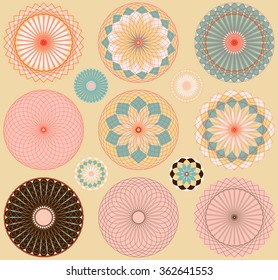 a collection of 13 graphic vintage ornament flowers, in a chinese style color palette