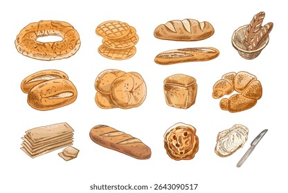 Coleção de 13 ilustrações vetoriais desenhadas à mão de itens de padaria clássica em cores naturais quentes. Inclui diferentes tipos de pão, croissants, cookies, torrada com manteiga e faca
