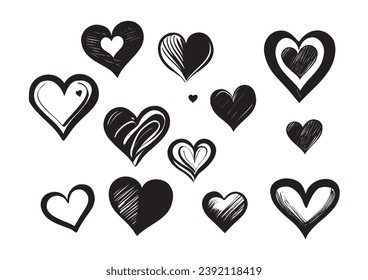 Collection of 13 hand-drawn, rustic marker-style hearts on a white background. Perfect for adding a touch of charm to your graphic designs. Vector illustration