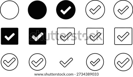 A collection of 13 icons featuring checkmarks and checkboxes in different styles, colors, and shapes for user interface design
