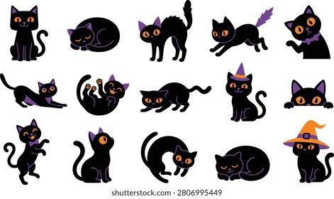 A collection of 13 playful black cat illustrations in different poses and outfits for Halloween, featuring purple and orange accents.