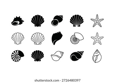 Uma coleção de 14 silhuetas pretas de conchas marinhas e estrelas-do-mar dispostas em três fileiras sobre um fundo branco plano