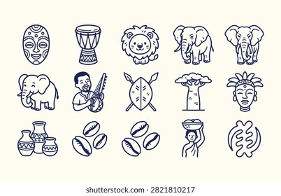 A collection of 14 blue line art illustrations depicting various African cultural icons and symbols on a white background.