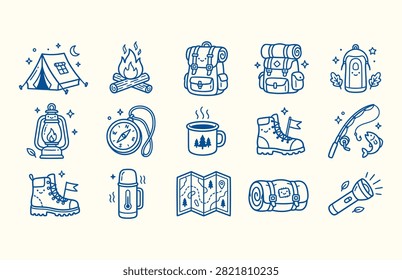 A collection of 14 blue line illustrations of camping and outdoor adventure icons on a white background, including a tent, campfire, backpack, hiking boots, and more.