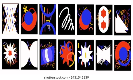 Collection of 14 Cover Templates featuring Vibrant Brush Strokes on Black Background. Colorful Foundation for Posters, Banners, Greeting Cards, or Invitations. Abstract Editable Designs in 1990s Retro
