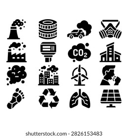 A collection of 14 flat vector icons addressing environmental issues, pollution, and sustainability themes.