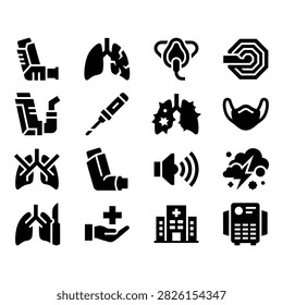 A collection of 14 flat vector icons representing medical, health, and wellness themes including lungs, syringes, viruses, and hospital symbols.
