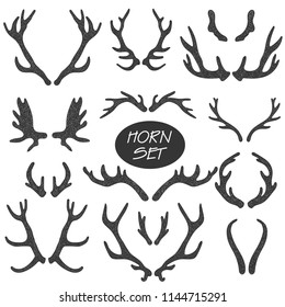 Collection Of 14 Hand Drawn Different Animals Horns. Boho And Rustic Illustration