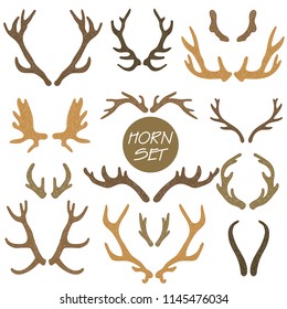 Collection Of 14 Hand Drawn Different Animals Horns. Boho And Rustic Illustration