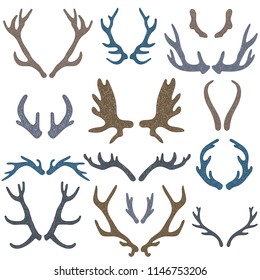 Collection Of 14 Hand Drawn Different Animals Horns. Boho And Rustic Illustration