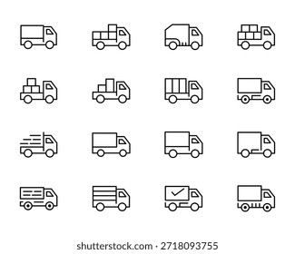 A collection of 14 simple black line drawings of different trucks and delivery vehicles in various styles and orientations.