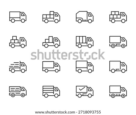 A collection of 14 simple black line drawings of different trucks and delivery vehicles in various styles and orientations.