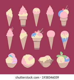 Collection of 14 vector ice cream illustrations isolated with various colors.
