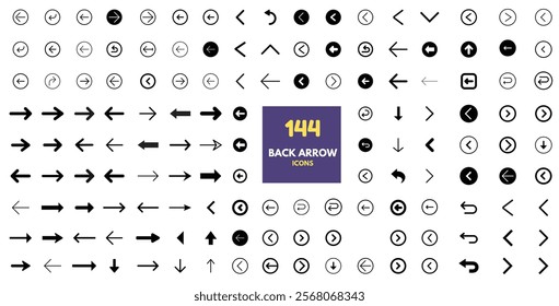 Collection of 144 back arrow icons for UI and UX design. Clean and minimalist back arrow icons. Line style with circular and straight variations.Vector format.