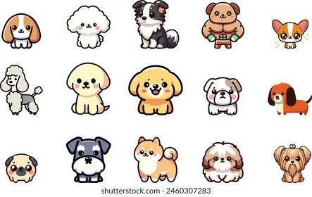 A collection of 15 adorable puppies depicted in vector illustrations, with a Kawaii design aesthetic.