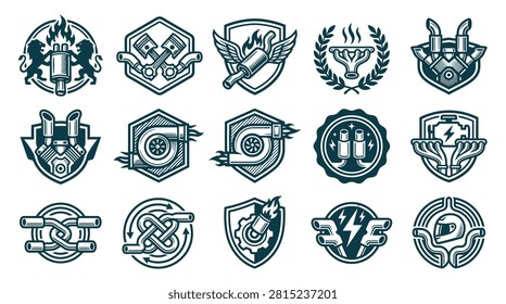 Collection of 15 automotive performance icons featuring car exhaust systems, turbochargers, engine pistons, mufflers, and V8 engines within various shield and circular emblems.