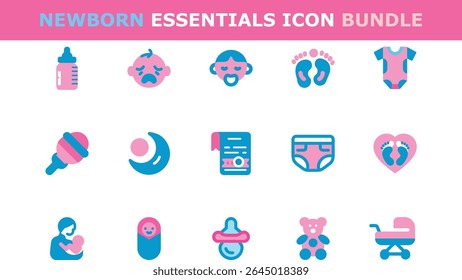 A collection of 15 baby related icons, including bottle, diaper, pacifier, teddy bear, and more. Pink and blue color scheme. Perfect for digital projects.