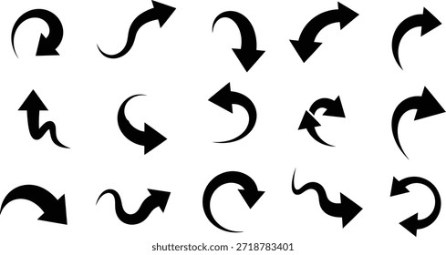 Uma coleção de 15 vetores de seta preta em diferentes direções, perfeito para uso em design, navegação e representação visual.