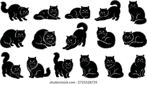 Colección de 15 siluetas de gatos negros en varias poses y Orientaciones
