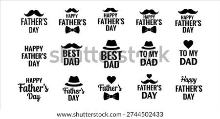 A collection of 15 black Father's Day stickers and labels on a white background, featuring various designs and phrases.