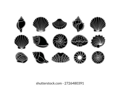 A collection of 15 black silhouettes of different seashells arranged in three rows on a plain white background