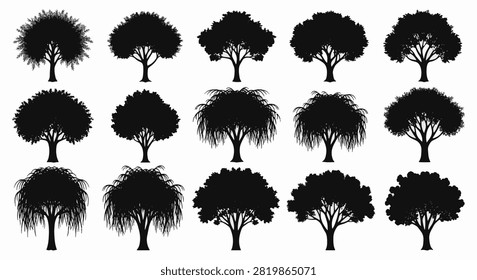 Collection of 15 black tree silhouettes featuring weeping willows and various deciduous species isolated on a white background. Graphic elements for landscape design and nature icons.