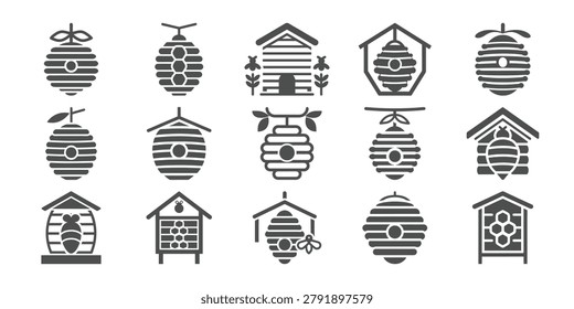 Collection of 15 black and white beehive and apiary icons, including bee houses and hives with various designs