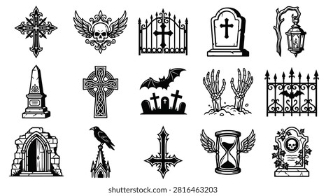 Collection of 15 black and white Gothic cemetery icons featuring gravestones, Celtic crosses, winged skulls, bats, skeleton hands, wrought iron gates, and an hourglass on a white background.